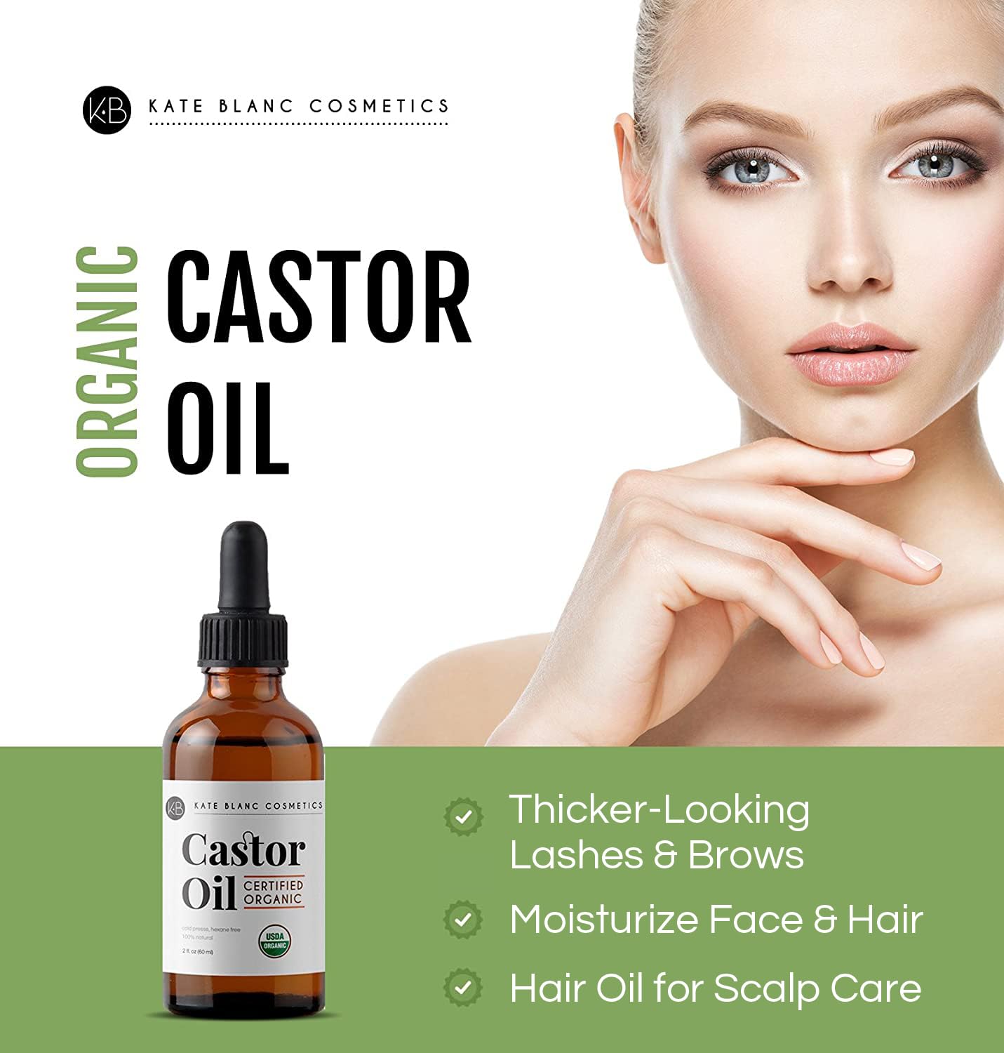 Kate Blanc Cosmetics Castor Oil Organic for Hair, Lashes, Face, Skin (2oz)