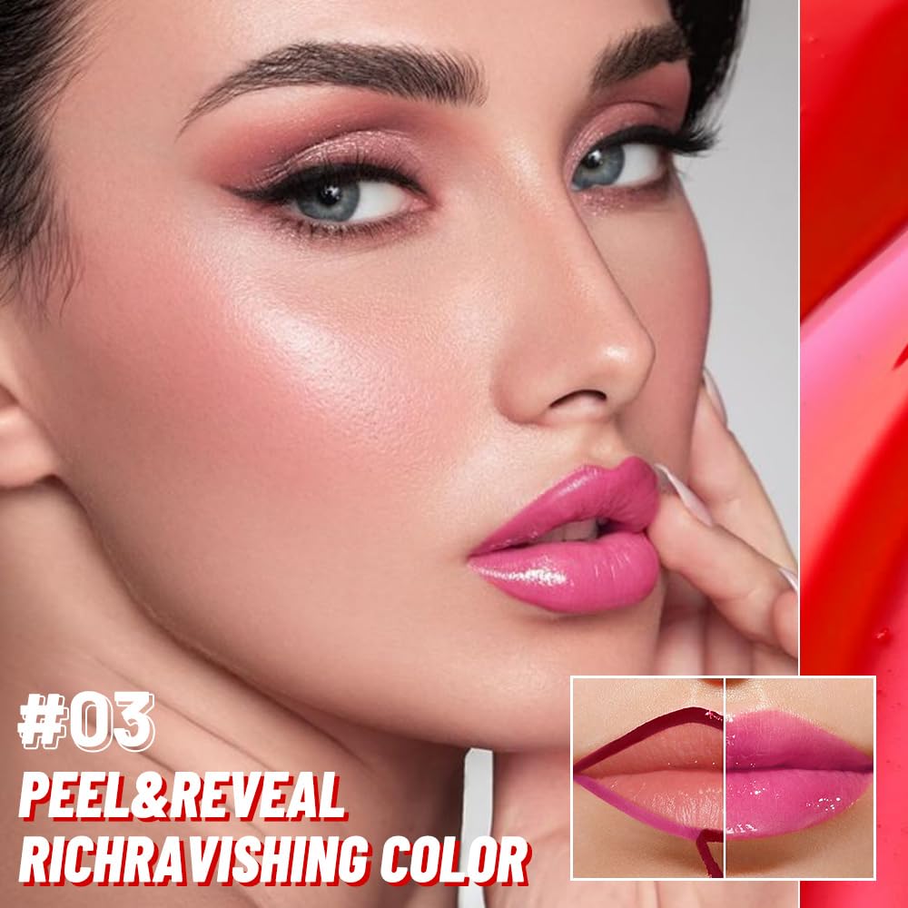 Lip Stain Peel Off Lip Gloss oil Dual-Ended Combo, Raspberry Peach Lips Liner Stain Peel Off Tattoo, Long Lasting & Waterproof, Transfer-Proof Lip Tint Stain with Lip oil for All Skin Type 03#