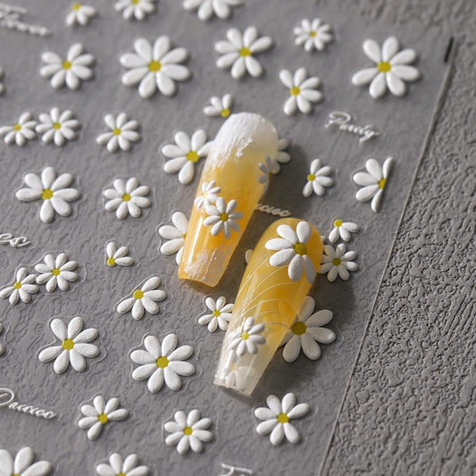 Flower Nail Stickers 5D Embossed Nail Art Stickers Decals White Daisy Floral Nail Design Stickers