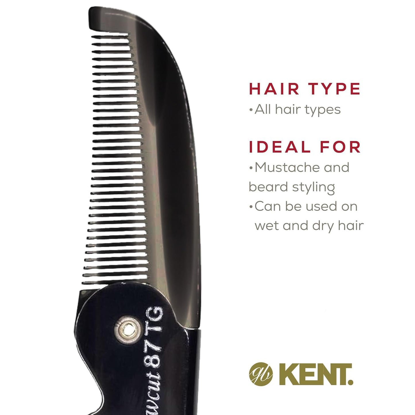 Kent 87T Black Graphite Handmade Folding Pocket Comb for Men, Fine Tooth Hair Comb Straightener for Everyday Grooming Styling Hair, Beard or Mustache, Saw Cut Hand Polished, Made in England (6 Pack)