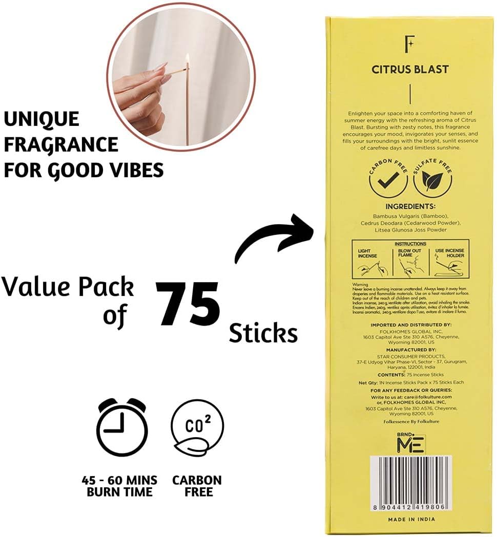 Folkulture Incense Stick for Home | Pack of 75 (8") Insence-Sticks for Meditation with 45 Mins Burn Time | Organic Insence Aromatherapy Inscents | Non Toxic Citrus Inscent-Sticks for Gifts for Women