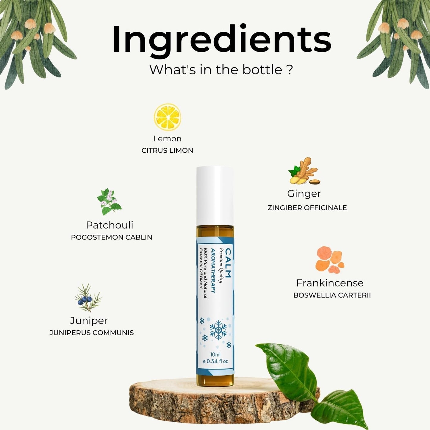 Benatu Calm Essential Oil Roll On Blend (with Ginger, Patchouli, Lemon Oil), Travel Size Relaxing Roller for Body Topical Massage, Natural Scent Aromatherapy Gift for Women & Men 10ml