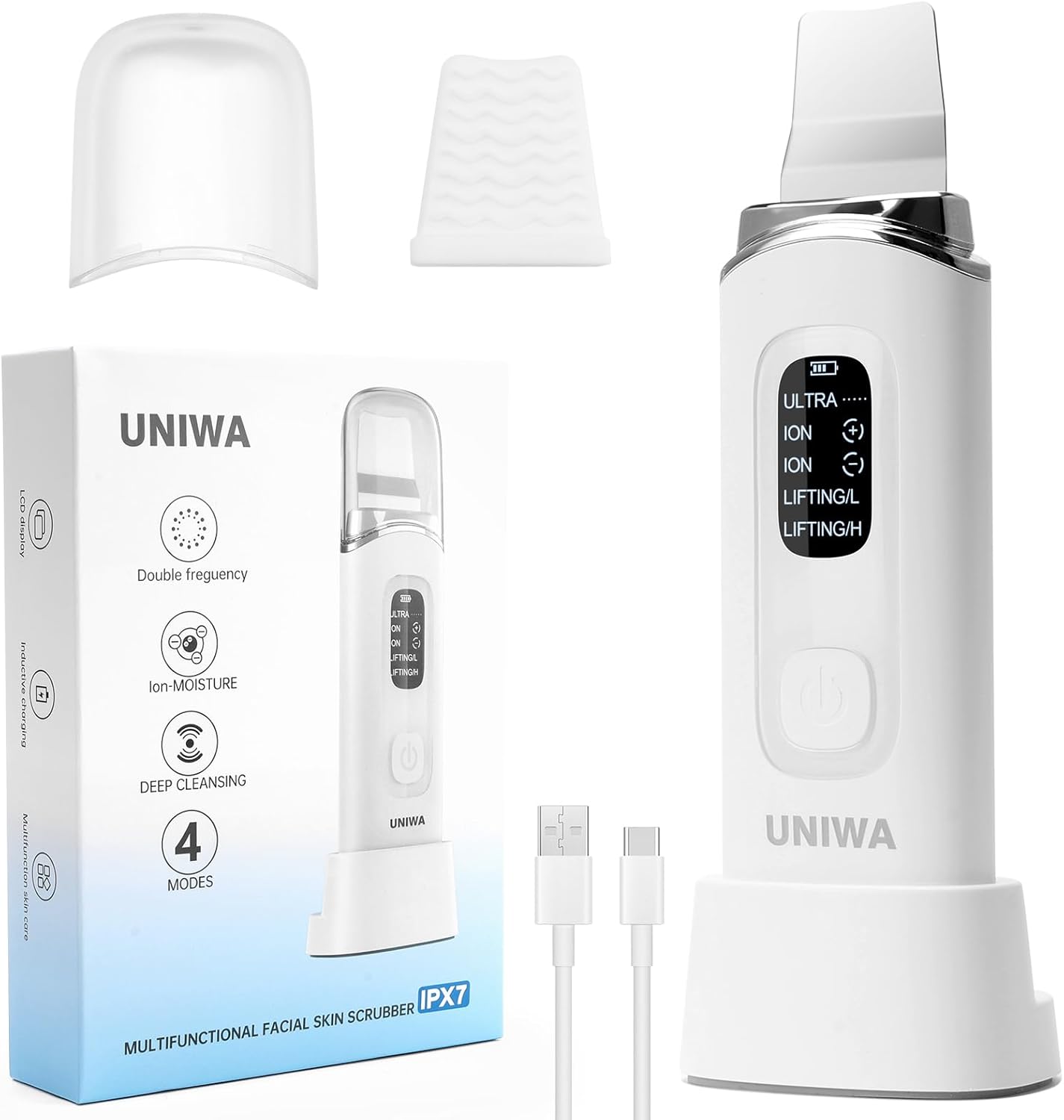 UNIWA Skin Scrubber Face Spatula, Skin Scrubber Pore Cleaner Blackhead Remover Tool for Deep Facial Cleansing - 4 Modes, Face Spatula with USB Charger, LCD Display, IPX7 Waterproof - White