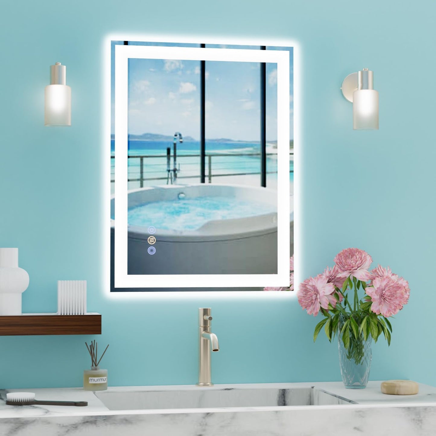 20"x 28" LED Bathroom Mirror, 3 Colors Vanity Mirror with Lights, Front and Backlit Bathroom Mirror with Lights, LED Smart Mirror for Bathroom, Tempered Glass, Anti-Fog, Stepless Dimmable, Memory