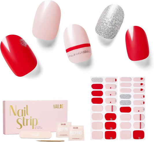 NAILOG Valentines Semi Cured Gel Nail Strips 34 pcs, Buy 2 Get 1 UV Lamp, Salon-Quality Gel Nail