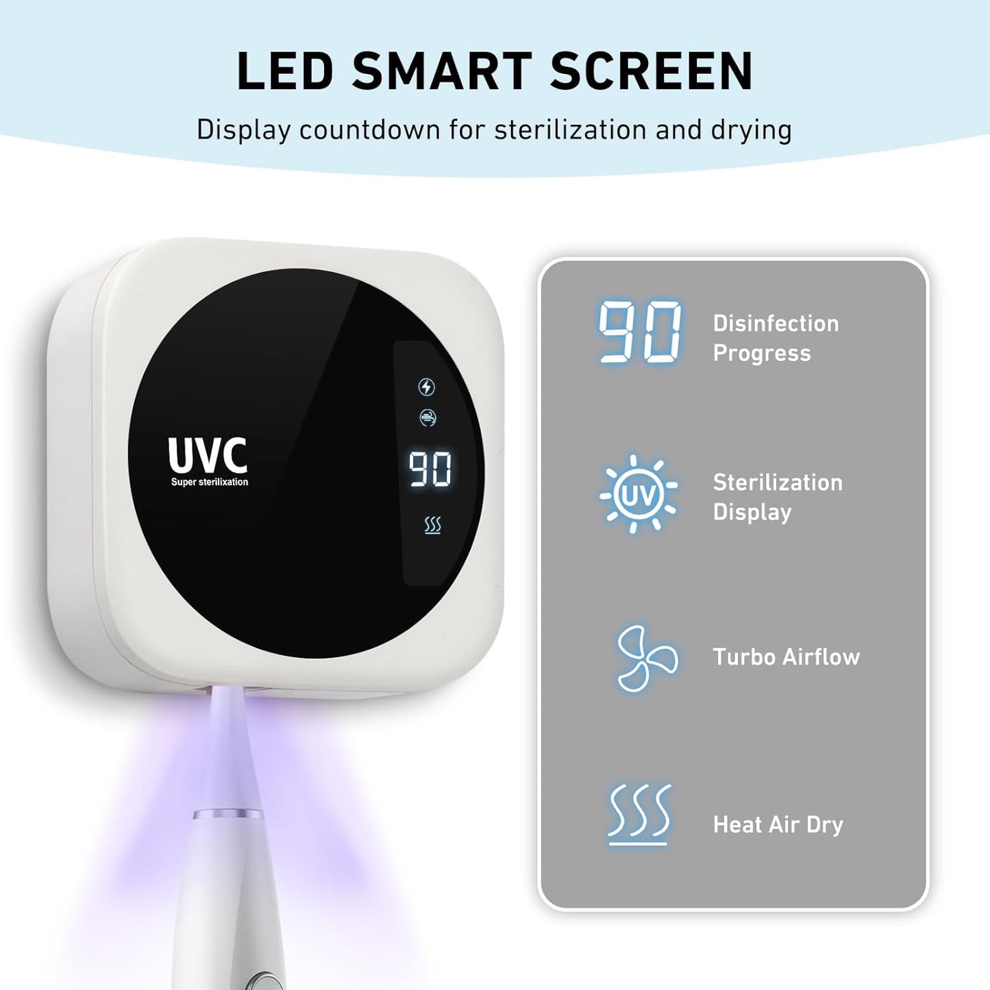 Travel Toothbrush Cleaning Case,Portable UV Toothbrush Cleaner with LED Screen,Smart Toothbrush Holder with Heating,Fan Drying and Mirror For Traveling or Business Trip & Fit All Toothbrushes - White