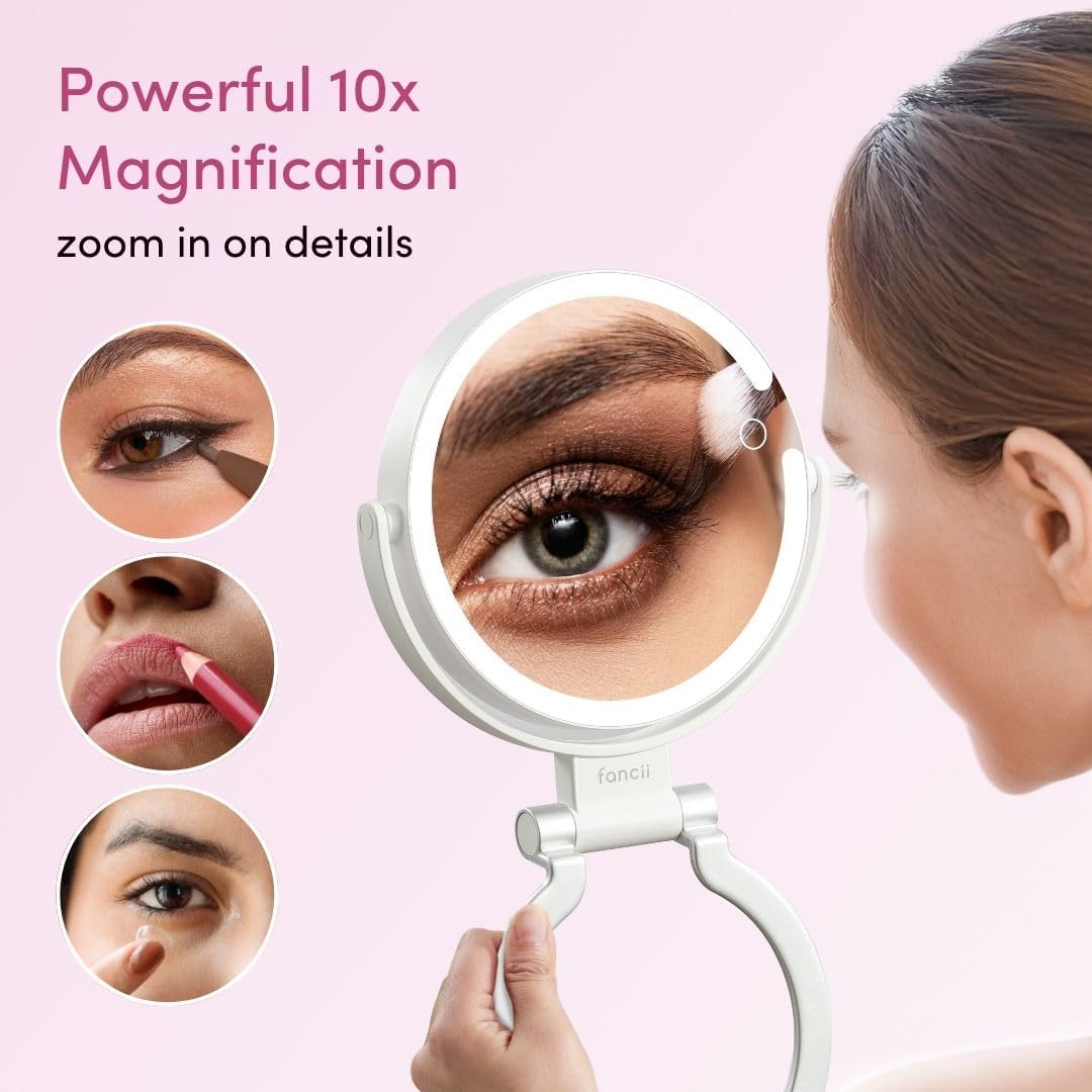 Fancii Travel Magnifying Mirror 10x /1x with Lights, Rechargeable | 9-Inch Extra Large LED Lighted Makeup Mirror, Folding Double Sided Portable Vanity Mirror, 3 Light Settings, Touch Sensor (Sadie)