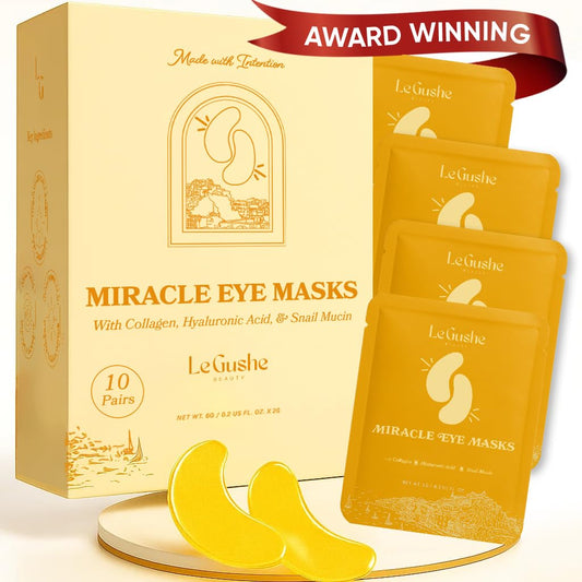 LE GUSHE Gold Under Eye Patches for Puffy Eyes and Dark Circles (10 Pairs) - Hydrating Collagen Under Eye Masks with Snail Mucin - Soothing Puffy Eyes Treatment for Women & Men - Bridesmaid Gifts