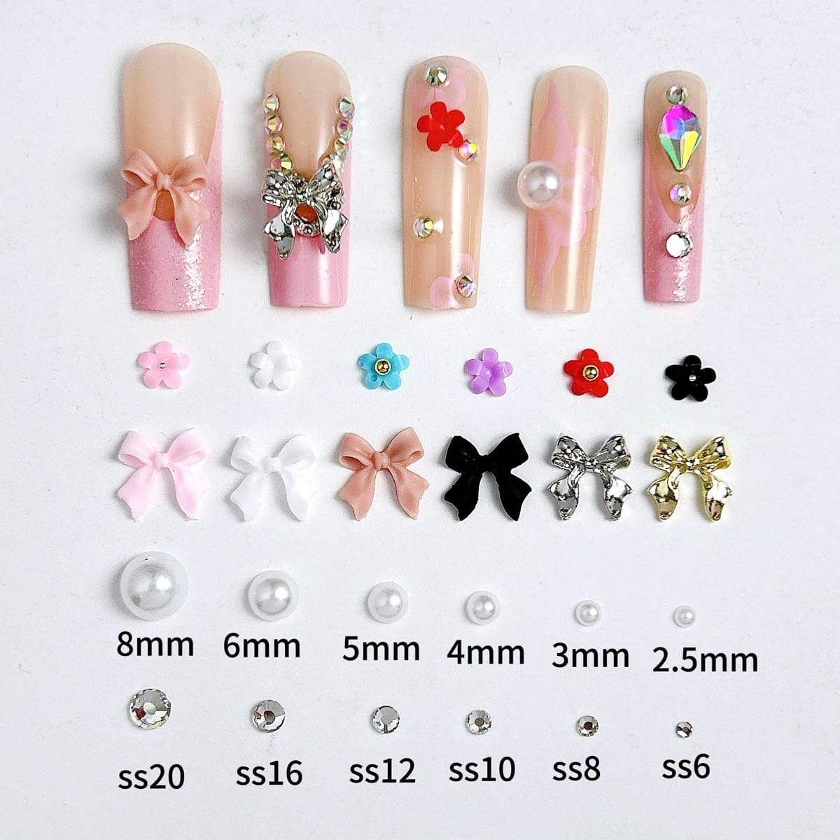 White Pearl Nail Charms and Gems, 3D Colorful Flower Kawaii Metal Bow Charms for Nail Art Rhinestone Nail for Manicure DIY Crafts Jewelry Accessories