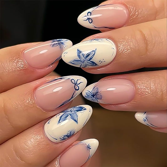 French Short Press On Nails Almond, Nude Fake Nails with Beige French Tip and Graceful Blue Floral