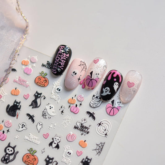5D Embossed Halloween Nail Stickers Cute Pink Pumpkin Self-Adhesive Nail Art Pegatinas Uñas with