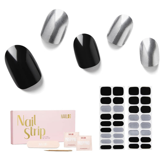 Semi Cured Gel Nail Strips - NAILOG 34 Pcs Silver Black Nail Stickers Extra Long Wraps with Glossy