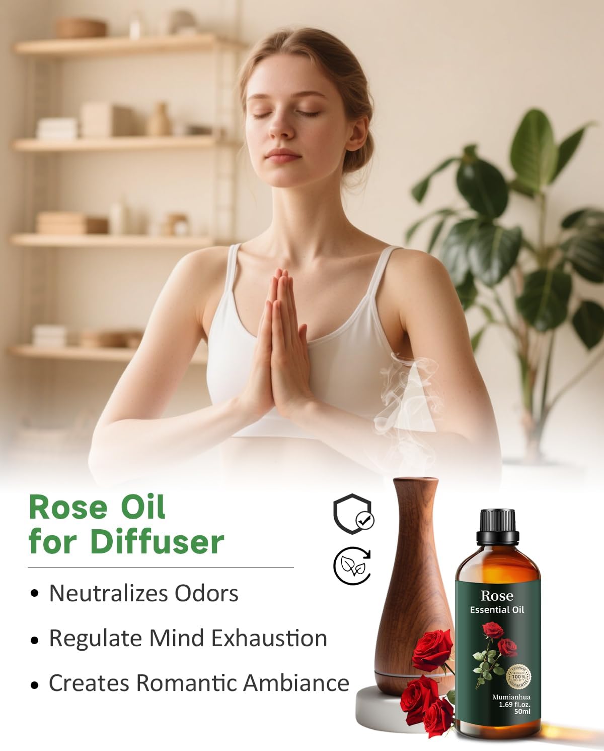 Mumianhua Rose Essential Oils 100% Pure, Therapeutic Grade Rose Oil for Diffuser, Skin Care, Aromatherapy & Home Crafting,Candles Making1.69 Fl Oz