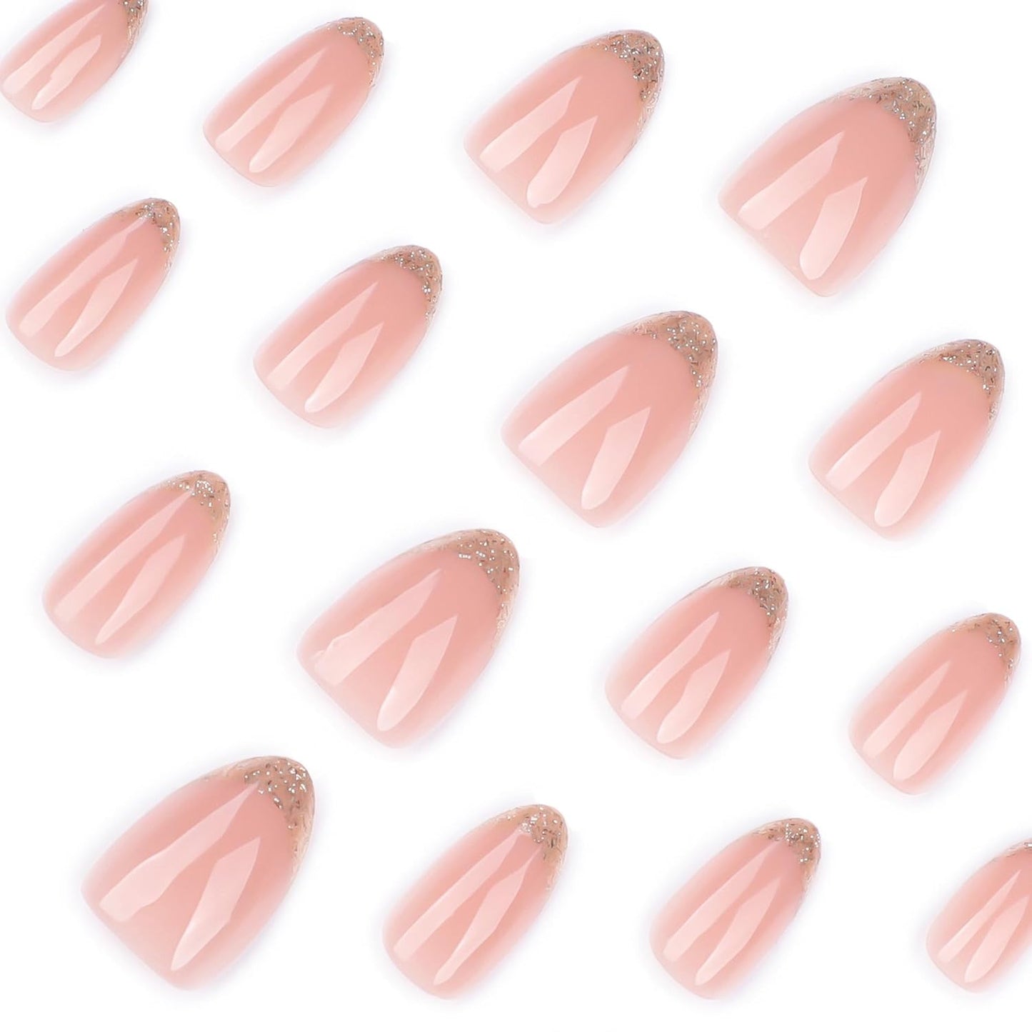 French Press On Nails Short Almond, Pink Fake Nails with Gold Border Accent Glitter French Tips Designs, Glossy Gel Finish Acrylic Nails Press Ons Short, Natural Reusable Glue On Nails Kit, 24Pcs