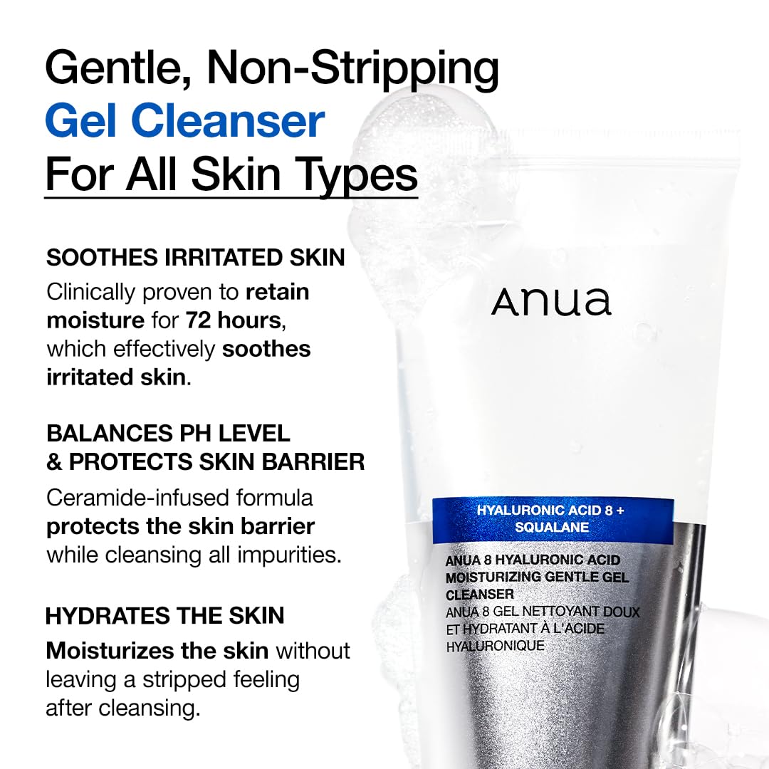 ANUA Moisturizing Gentle Gel Cleanser, Hydrating Face Wash with Hyaluronic Acid & Squalane, pH