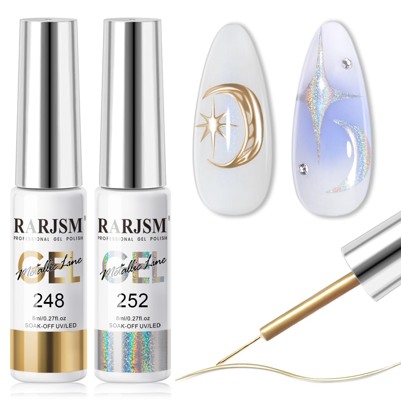 RARJSM Metallic Chrome Gel Liner Nail Art 3D Mirror Holographic Silver and Bronze Gold 2Pcs Set Gel Nail Polish 8ml Painting Build in Thin Brush Painted Drawing Striper GelPolish Curing Requires