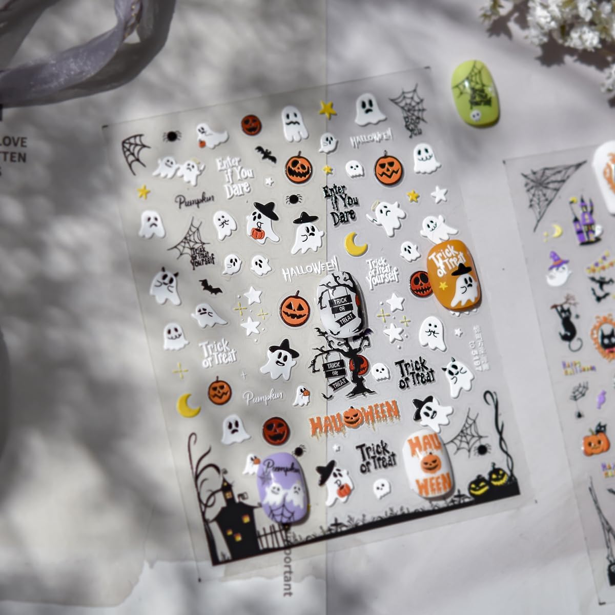5D Embossed Halloween Nail Stickers Cute Ghost Pumpkin Self-Adhesive Nail Art Pegatinas Uñas with Spider Web Designs Halloween Nails Decals DIY Manicure Supplies for Women Nails Art Decoration 1Sheet