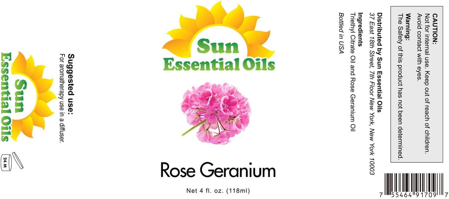 Sun Essential Oils 4oz - Rose Geranium Essential Oil - 4 Fluid Ounces - Rose and Geranium Essential Oil