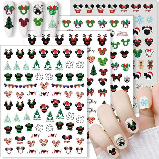 4 Sheets Christmas Nail Art Stickers Decals 3D Cute Animal Christmas Tree Snowflake Candy Self