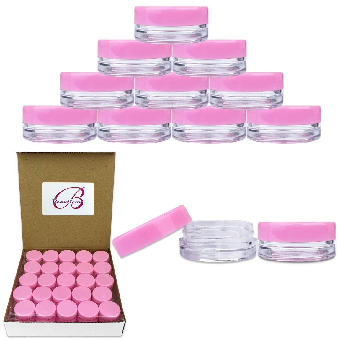 Beauticom 3G/3ML Round Clear Jars with Pink Lids for Cosmetics, Medication, Lab and Field Research