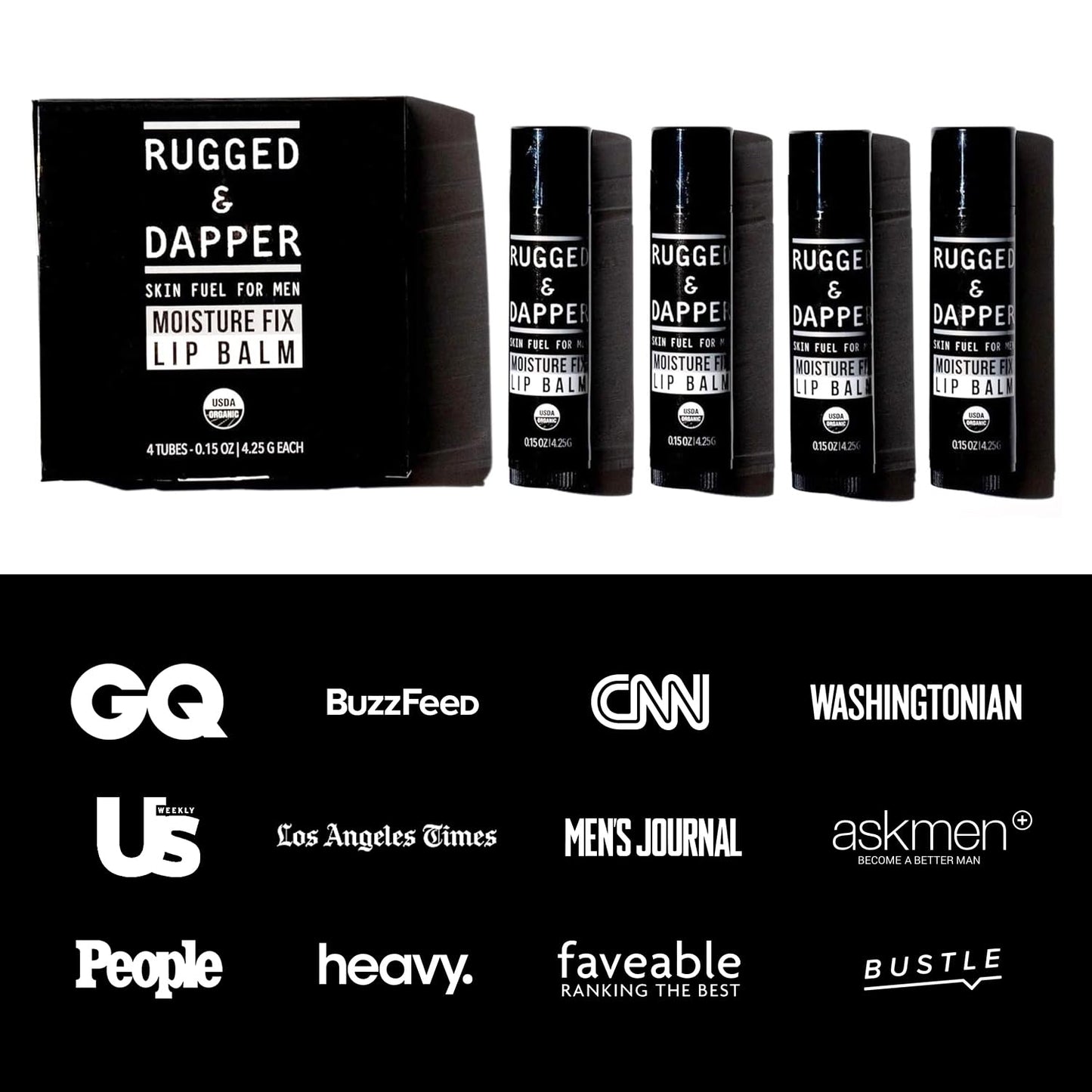 RUGGED & DAPPER Lip Balm for Men - Certified Organic + Natural Ingredients - 4 Pack - Hydrating Mens Chapstick - USA Made