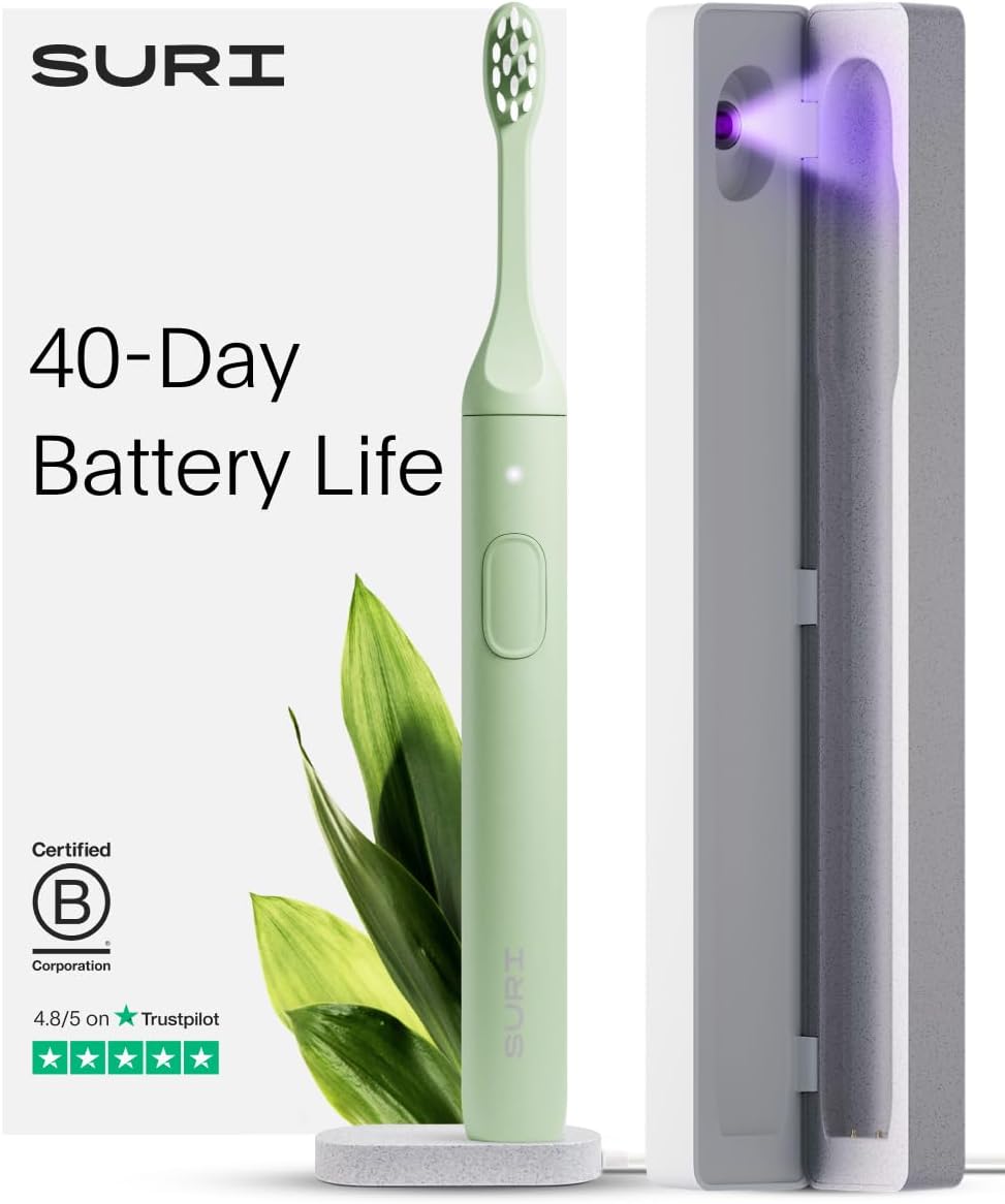 SURI 1.0 Sonic Electric Toothbrush with UV Cleaning Travel Case | 40+Day Battery | Designed in California | Electric Toothbrush for Adults | Travel Toothbrushes | Tooth Brush | Green