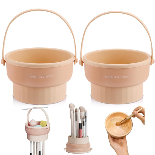 2 Pack Makeup Brush Cleaner Mat 3 in 1 Silicone Makeup Brush Cleaner Makeup Brush Cleaning Bowl Makeup Brush Sponge Scrubber Tool for Cleaning, Storage And Upside Down Drying(Two Khkai)