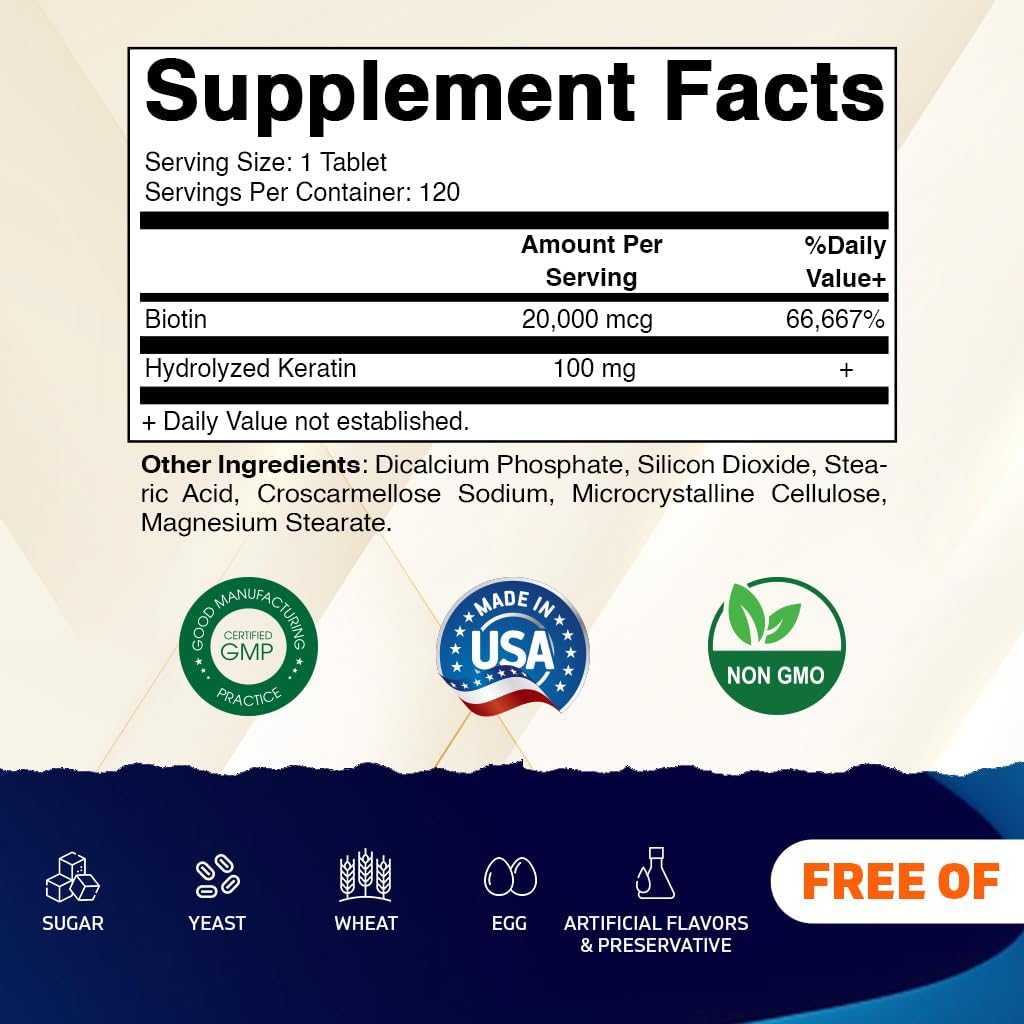 Vitamatic High Potency Biotin 20000 mcg (20mg) with Keratin 100mg - 120 Vegetarian Tablets - Biotin Supplements for Healthy Hair Skin & Nails for Adults (120 Count (Pack of 3))