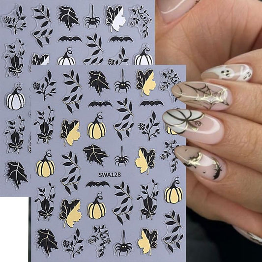 Halloween Nails Stickers Black Fall Leaves Nails Sticker 3D Embossed Silver Gold Pumpkins Self Adhesive Sticker Nail Decals Gold Nail Art Decals Halloween Decals for Nail DIY Manicure 4Sheet