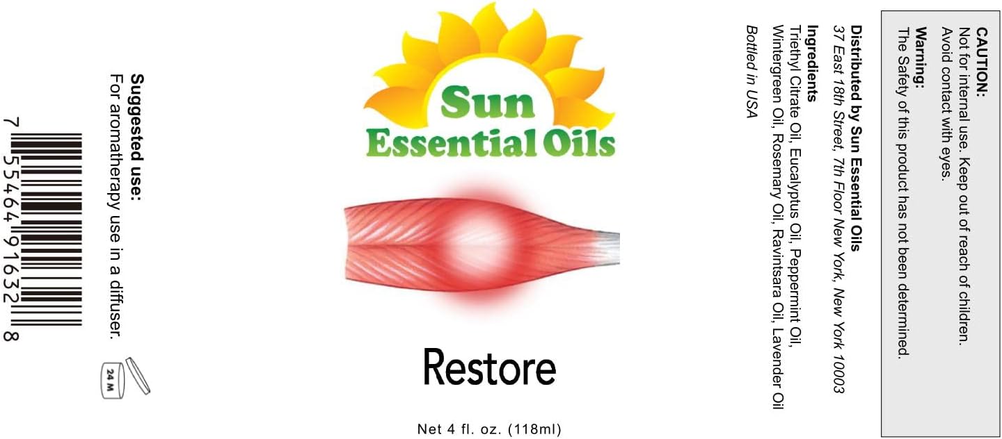 Sun Essential Oils Deep Muscle Relief Blend Oil (Huge 4 Ounce Bottle) Bulk - Sore Muscle Massage Oil - Muscle Ease Essential Oil Blend - Aromatherapy Oils