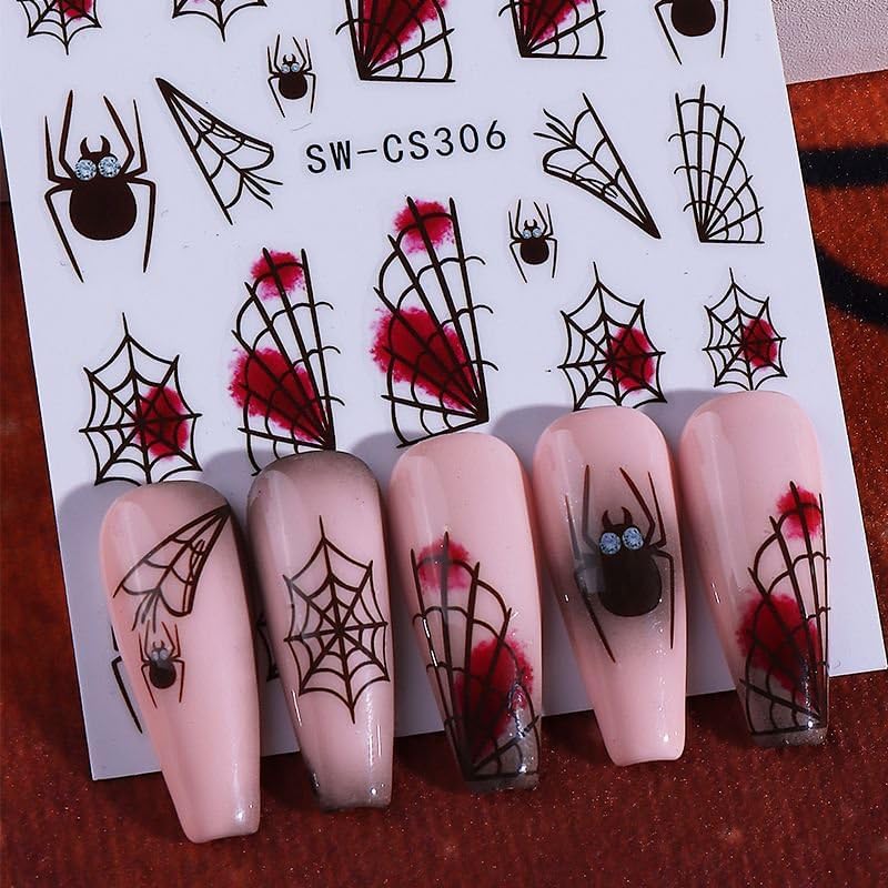 Halloween Nails Stickers Black Spider Nails Sticker 3D Embossed Black Web with Blood Self Adhesive Sticker Nail Decals Red Black Nail Art Decal Halloween Decals for Nail DIY Manicure 4Sheet
