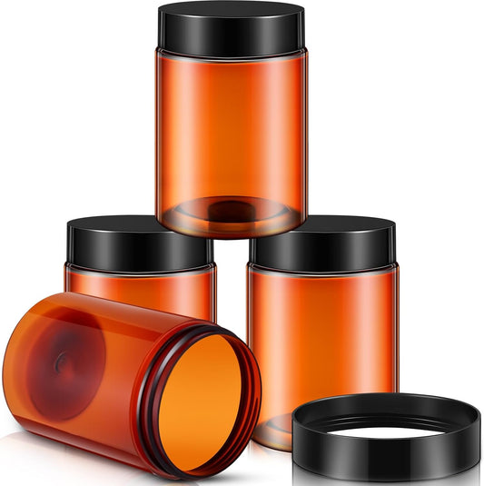 SATINIOR 24 Pieces Empty Clear Plastic Jars with Lids Round Storage Containers Wide Mouth for Beauty Product Cosmetic Cream Lotion Liquid Butter Craft and Food(Amber Lid,10 oz)