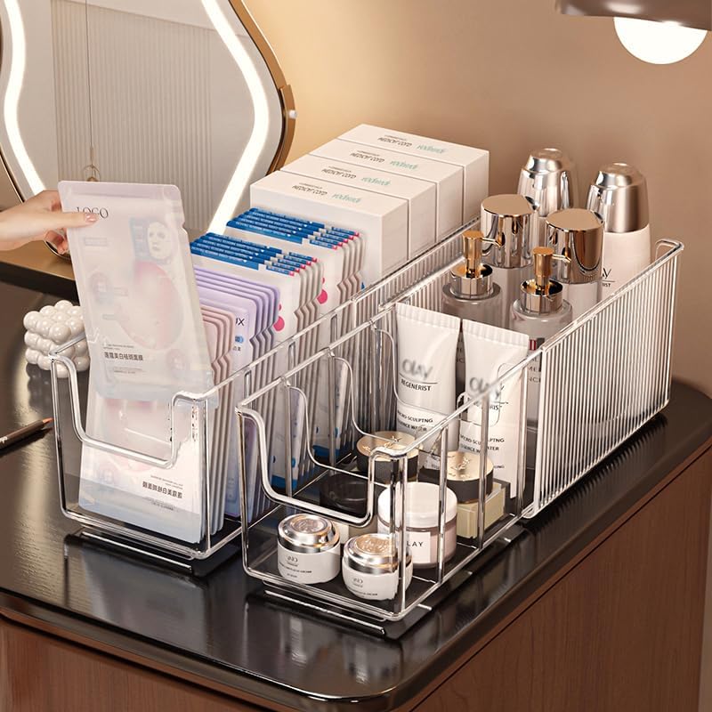 Extendable Acrylic Makeup Organizer with Removable Dividers - Waterproof Bathroom Storage for Sheet Masks/Essences/Cosmetics, Clear Visible Design, Space-Saving Vanity Organizer