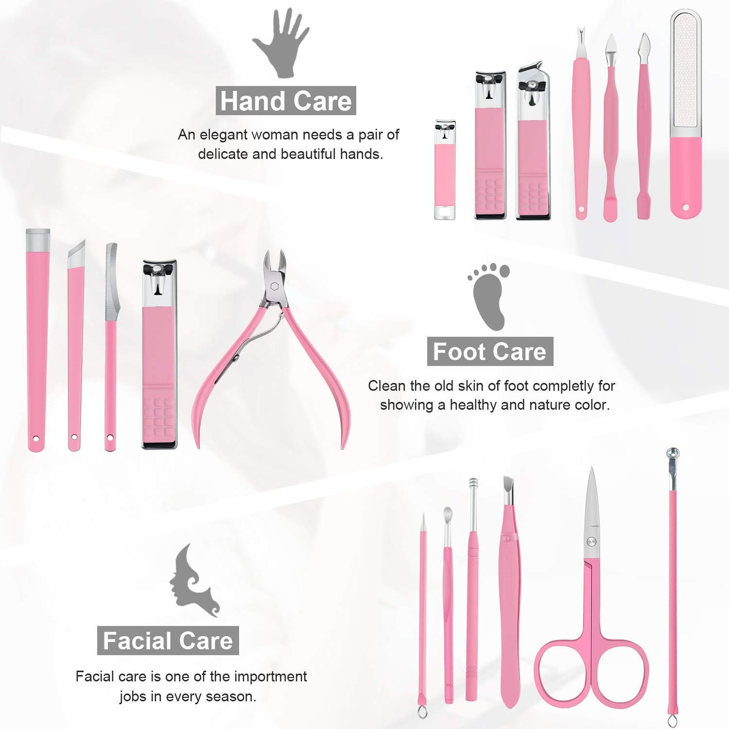 Manicure Set Professional Nail Clippers Kit Pedicure Care Tools- Stainless Steel Women Grooming Kit 18Pcs for Travel or Home (Pink)
