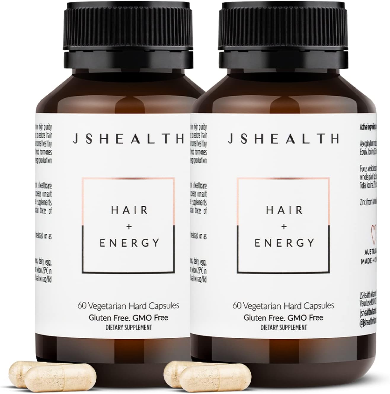 JSHealth Vitamins Hair + Energy Formula | Hair Vitamins for Women and Men with Iodine and Zinc | Supports Hair Strength, Energy Levels, and Healthy Hair Maintenance (60 Capsules Pack of 2)