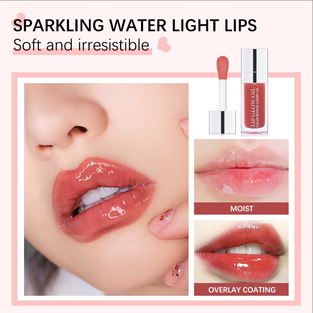 Hydrating Lip Glow Oil, Lip Oil Gloss Transparent Toot Tinted Nourishing Long Lasting Repairing Lightening Lip Lines (MAHOGANY) 0.2 OZ