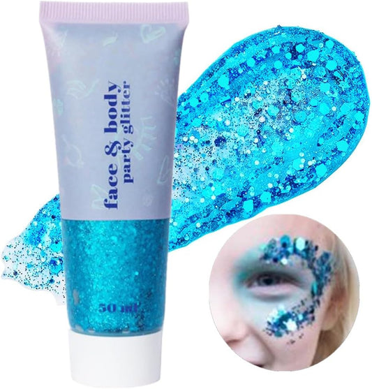 Go Ho Light Blue Face Body Glitter Gel,Blue Mermaid Face Paint Makeup,Holographic Chunky Sequins Glitters for Eye Lip Hair,Halloween Costumes Festival Rave Accessories,52g