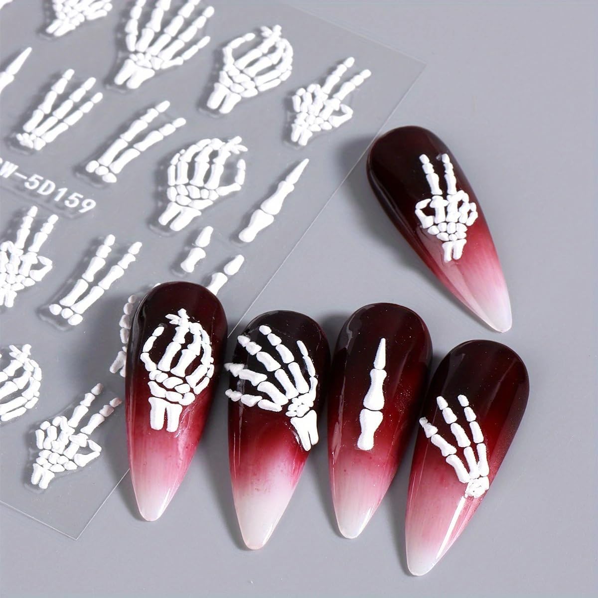 3 Sheets 5D Embossed White Claw Skull Nail Decals Halloween Nail Art Sticker Gold Pink Skeleton Nail Stickers 5D Self-Adhesive Hand Bone Nail Supplies Holiday Nails Accessories for Women DIY Manicure