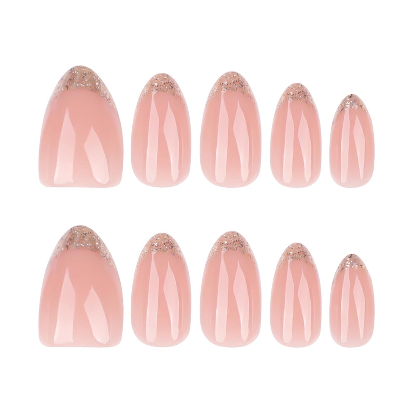 French Press On Nails Short Almond, Pink Fake Nails with Gold Border Accent Glitter French Tips Designs, Glossy Gel Finish Acrylic Nails Press Ons Short, Natural Reusable Glue On Nails Kit, 24Pcs