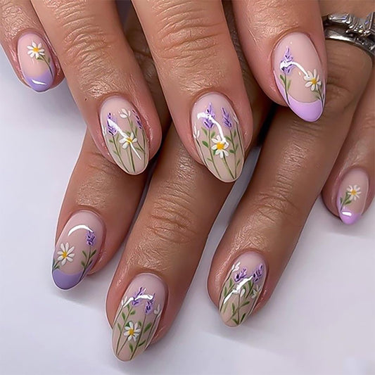 French Short Press On Nails Almond, Nude Fake Nails with Blue French Tip and Delicate Botanical