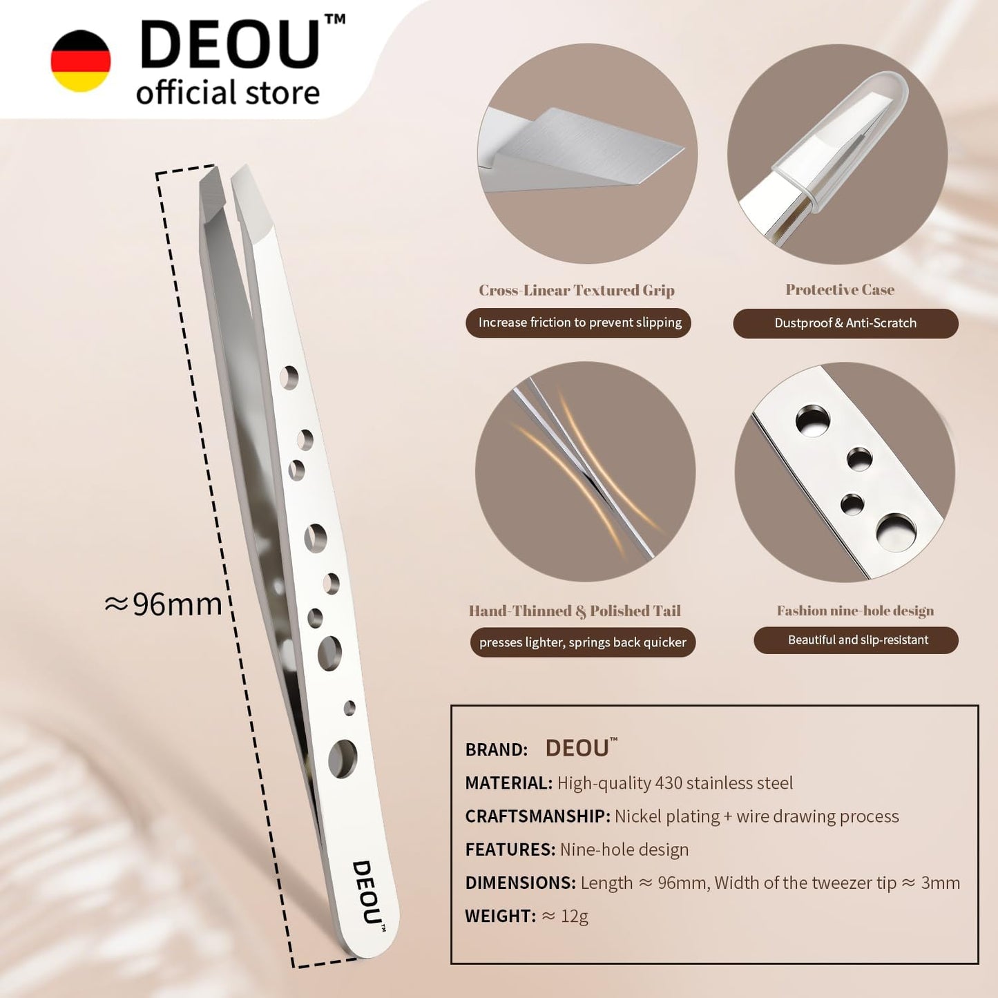 Professional Eyebrow Plucker & Tweezers - Stainless Steel Tool for Brow Shaping, Hair Removal & Precise Grooming, 9-Hole Non-Slip Grip, Unisex, Gift Box Included