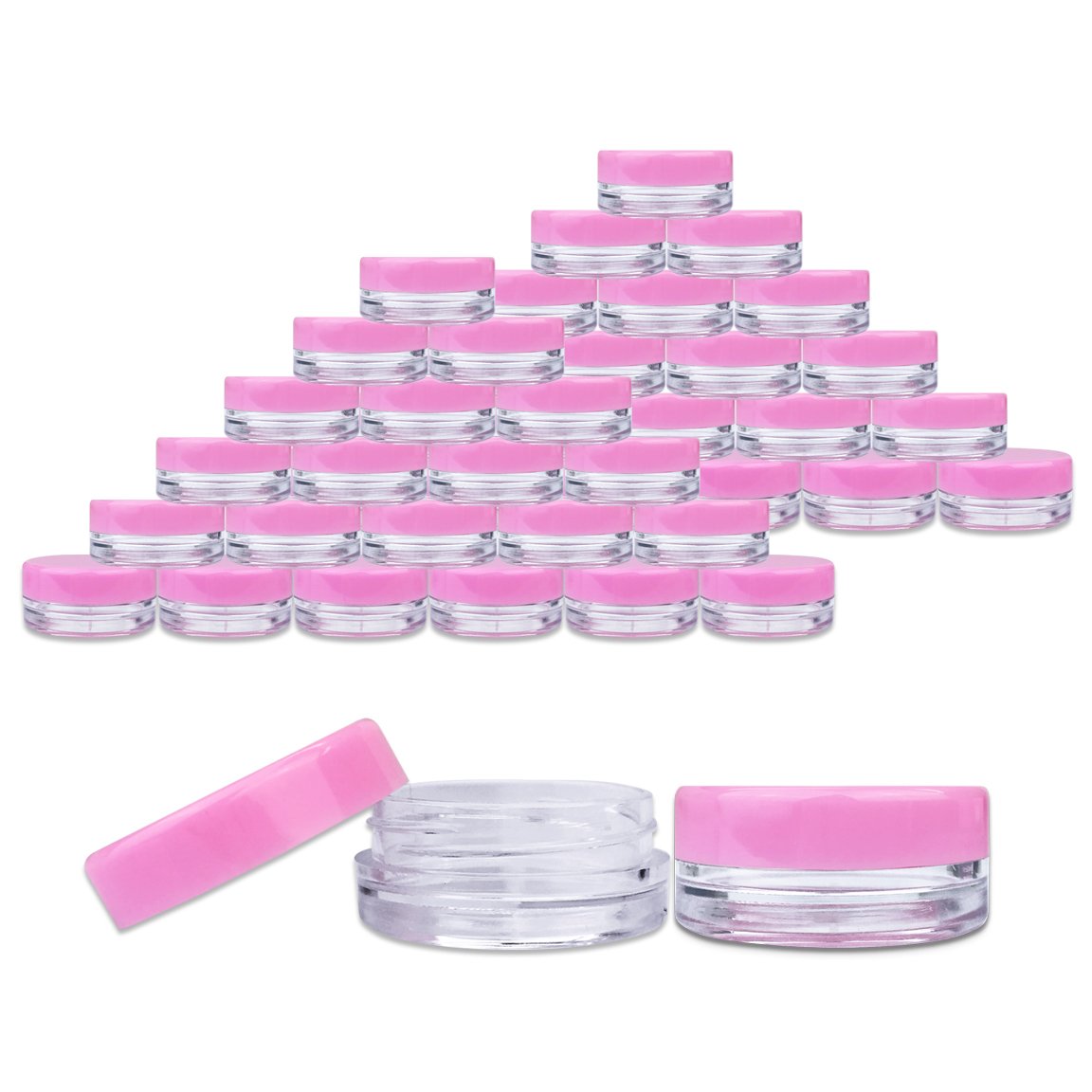 Beauticom 3G/3ML Round Clear Jars with Pink Lids for Cosmetics, Medication, Lab and Field Research