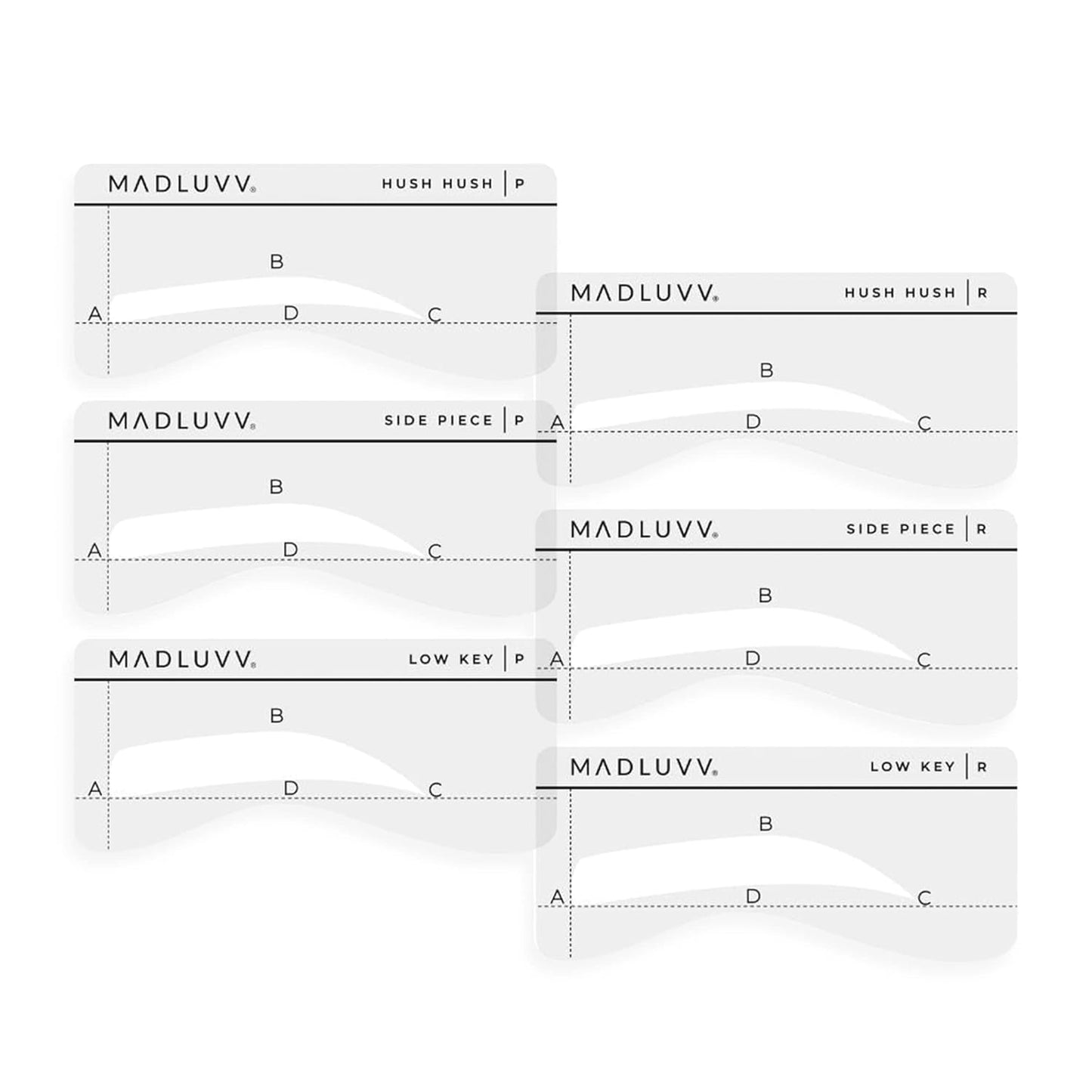 MADLUVV Eyebrow Shaper Stencils – 6 Reusable Stencils for Microblading, Brow Mapping & Shaping – Petite & Regular Sizes – for PMU & Semi-Permanent Makeup Artists – On The DL Set