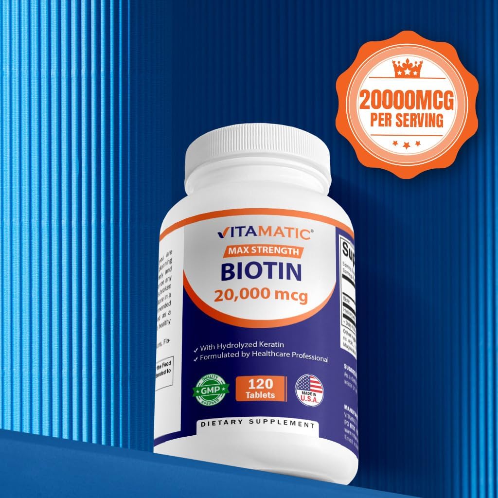 Vitamatic High Potency Biotin 20000 mcg (20mg) with Keratin 100mg - 120 Vegetarian Tablets - Biotin Supplements for Healthy Hair Skin & Nails for Adults (120 Count (Pack of 1))