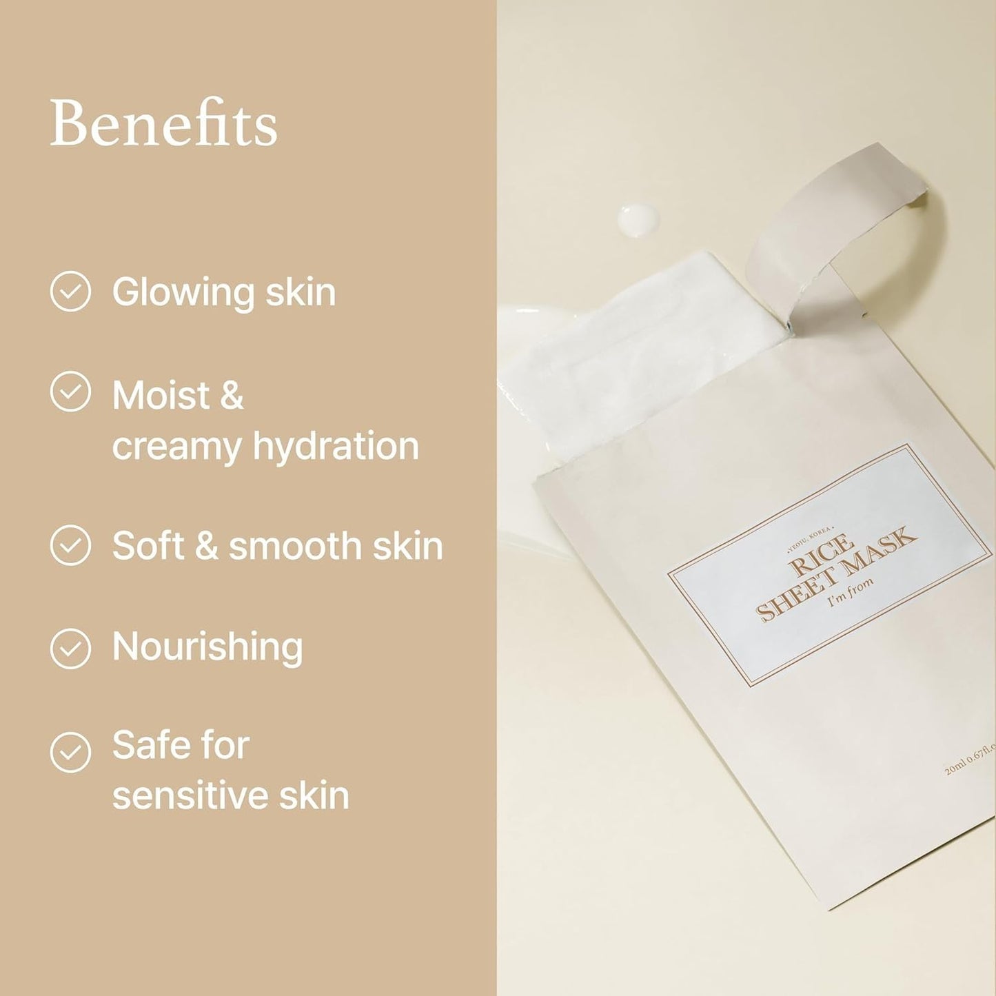 I'm from Rice Sheet Mask Pack of 5, Korean Rice Face Mask, Creamy Hydration for Dry, Combination