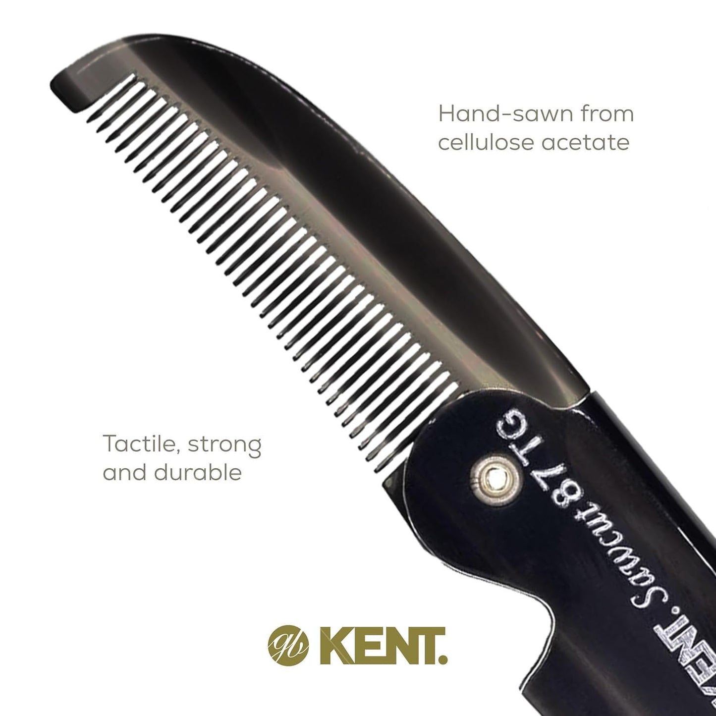 Kent 87T Black Graphite Handmade Folding Pocket Comb for Men, Fine Tooth Hair Comb Straightener for Everyday Grooming Styling Hair, Beard or Mustache, Saw Cut Hand Polished, Made in England