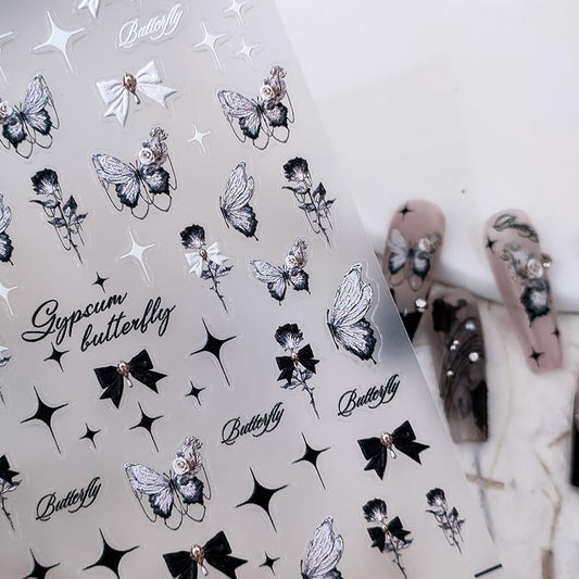 Butterfly Nail Stickers 5D Embossed Nail Art Decals Self-Adhesive Black Bows Nail Stickers for Nail