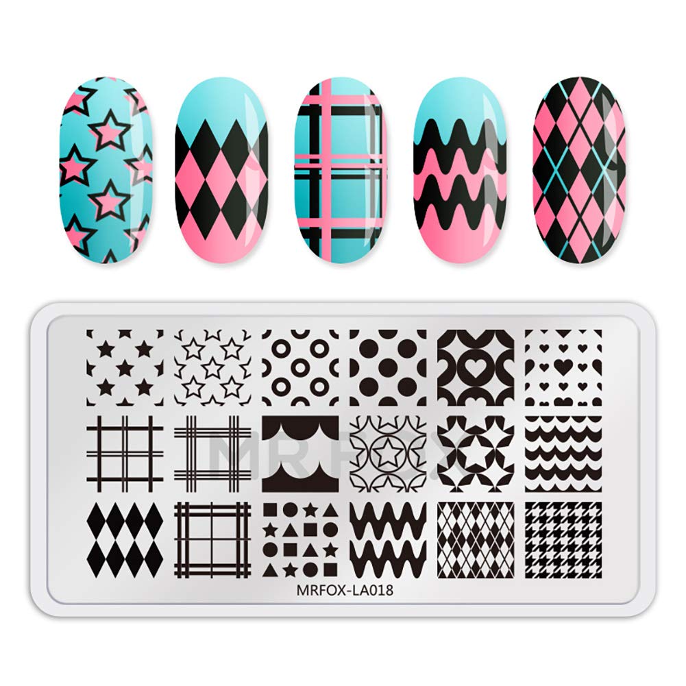 Mr.Fox Nail Printing Board Set Geometric Motif Lines Round Plaid Diamond Pattern Art DIY hot Stamping Template, etc