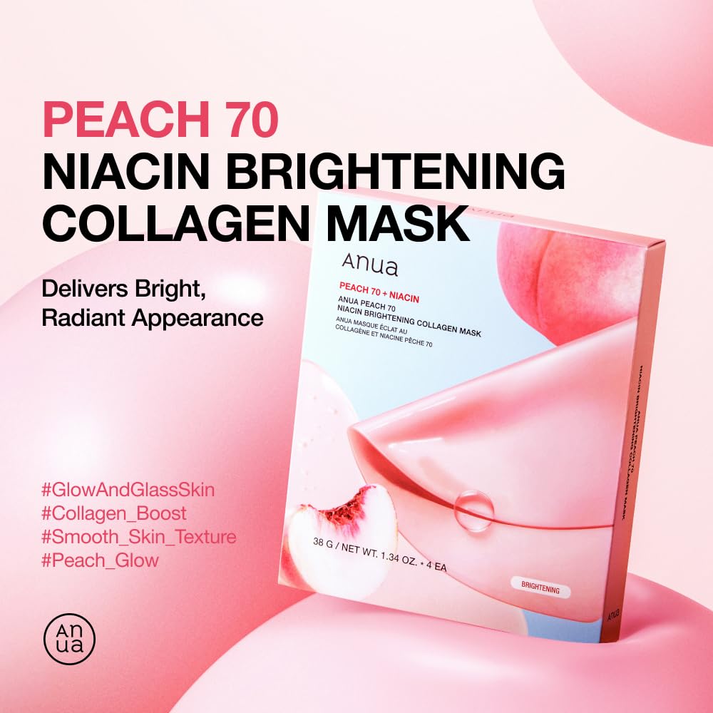 ANUA Peach 70 Niacin Brightening Collagen Mask, 1.34 fl.oz/4ea