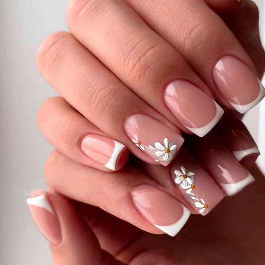 French Nude Press On Nails Short Square, Summer Fake Nails with White French Tip and 3D Daisy